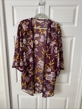 Floral Open-Front Kimono Jacket in Plum